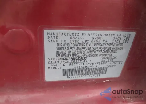 2016 Nissan Versa 1.6 S/1.6 S+/1.6 Sl/1.6 Sv z USA, uszkodzony, nr VIN 3N1CN7AP0GL809033